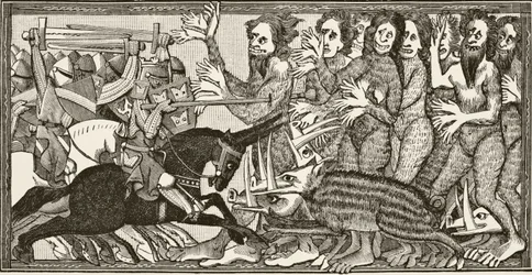 Wie Alexander im Kampf mit Schweinen mit großen Zähnen von einer Elle Länge und mit Männern und Frauen mit sechs Händen kämpfte, aus 